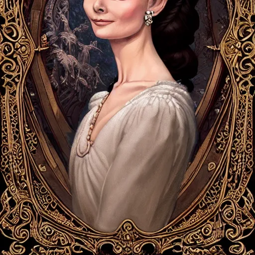 Image similar to audrey hepburn in an epic victorian novel, inside an ornate castle, intricate, elegant, highly detailed, digital painting, artstation, matte, illustration, art by artgerm, greg rutkowski, loish, rhads, ferdinand knab, makoto shinkai, lois van baarle, ilya kuvshinov, rossdraws, tom bagshaw