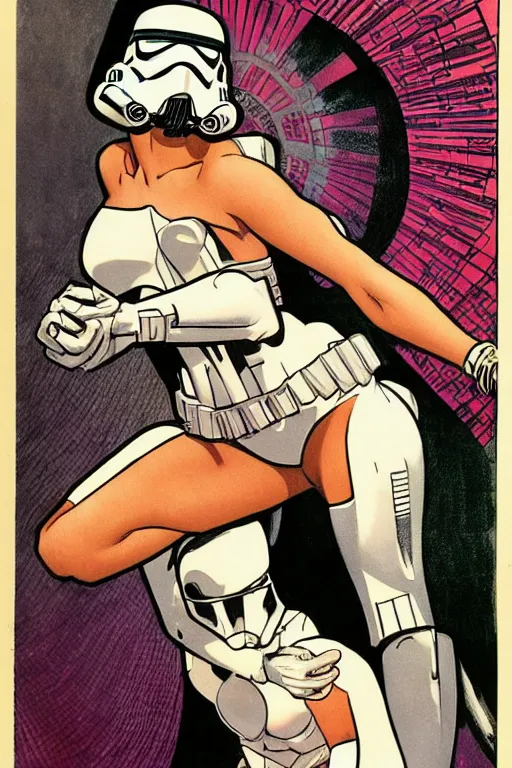 Image similar to female in white bikini with tattoos and stormtrooper helmet, well composed, clean elegant painting, beautiful detailed face. comic book art by steve ditko and jack kirby and ( alphonse mucha )
