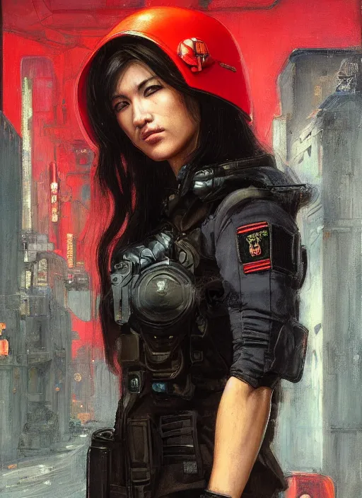 Prompt: Nikki tanaka. beautiful cyberpunk female USN marine wearing a military vest and a black and red tactical jumpsuit (cyberpunk 2077, bladerunner 2049). gorgeous face. Iranian orientalist portrait by john william waterhouse and Edwin Longsden Long and Theodore Ralli and Nasreddine Dinet, oil on canvas. Cinematic, hyper realism, realistic proportions, dramatic lighting, high detail 4k