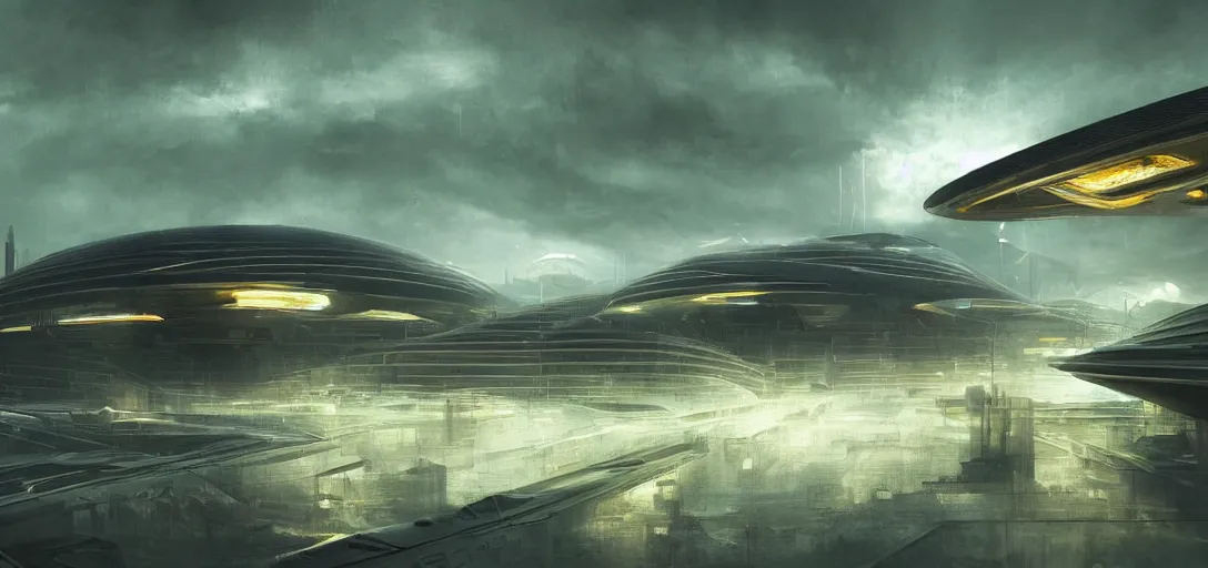 Image similar to futuristic and abandoned landscape of a solarpunk city by oscar niemeyer, brutalism, extreme lighting at dusk, sci fi archs, highly detailed, digital painting, smooth, sharp focus, golden ratio, no humans, illustration, concept art by wlop taras shevchenko ruan jia stephen hickman james gurney hiromasa ogura, stormy weather