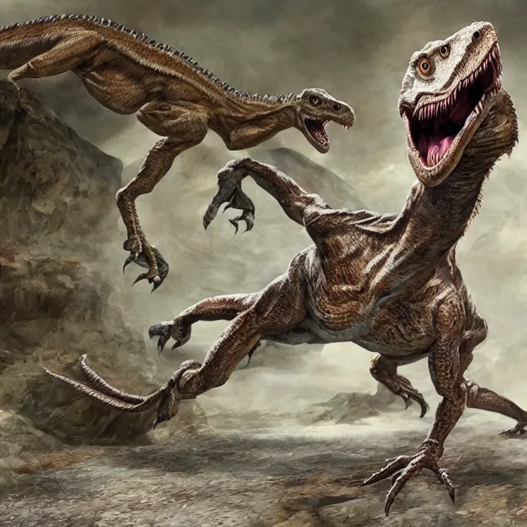 Image similar to a velociraptor jumping on a d & d barabrian