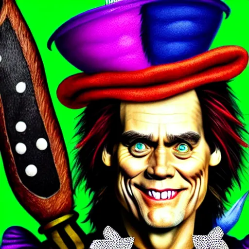 Image similar to Jim Carrey as mad hatter. epic game portrait. Highly detailed. D&D art by Michelangelo