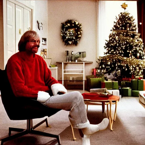 Image similar to a television from the 1970s in a living room next to a chair and a christmas tree, an alien is sitting on the chair, 1981 Life Magazine photo, depth of field