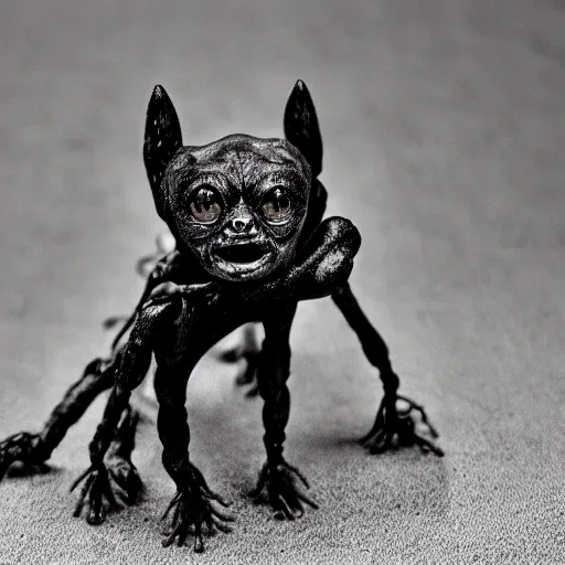 Prompt: three - headed dog with the face of gollum, with the legs of a spider, black and white photo - 4 4