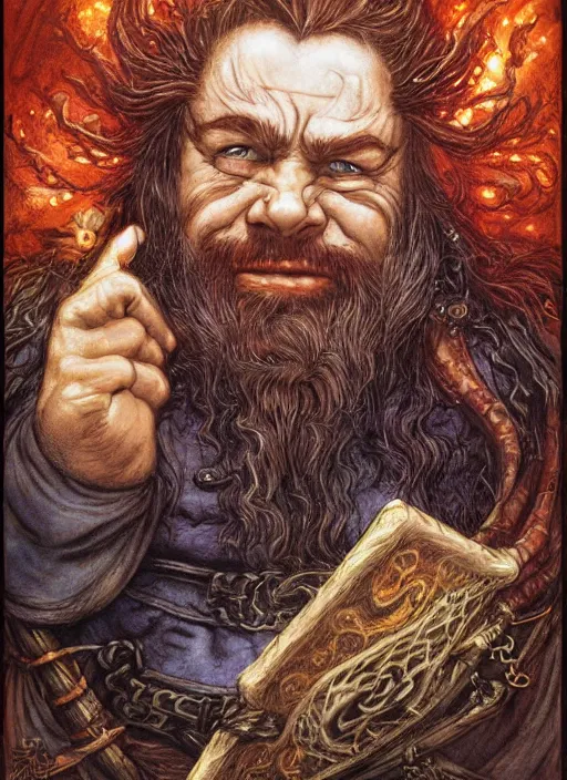 Image similar to portrait of dwarf sorcerer, beautiful! coherent! dungeons and dragons character, by brian froud, larry elmore, gerald brom, ralph horsley strong line, deep color, chainmail, short red hair, high contrast