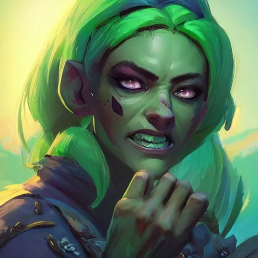 Prompt: beautiful orc female with glowing green hair, portrait, maya ali mage, gloomhaven, dynamic lighting, gaudy colors, octane render aesthetic, matte painting concept art, official fanart behance hd artstation by jesper ejsing, by rhads and makoto shinkai and lois van baarle and ilya kuvshinov and rossdraws