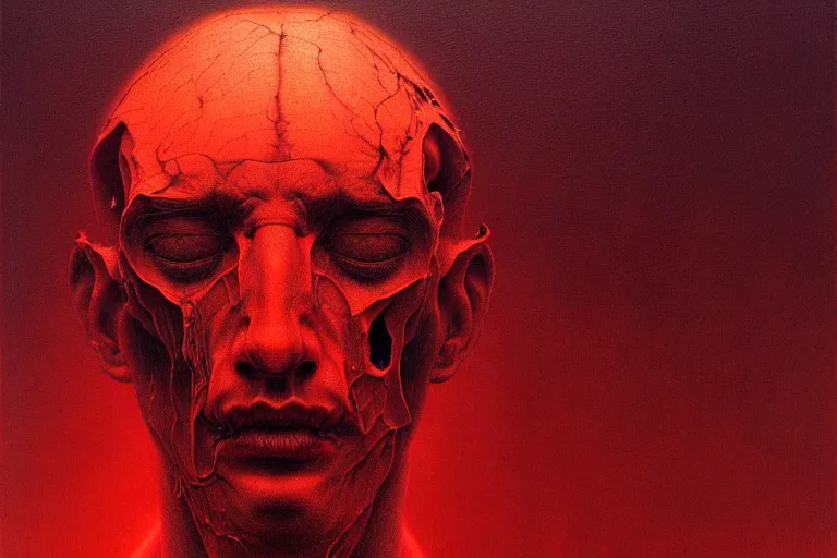 Prompt: head of a man falling apart, in the style of beksinski, intricate and epic composition, red by caravaggio, insanely quality, highly detailed, masterpiece, purple light, artstation, 4 k