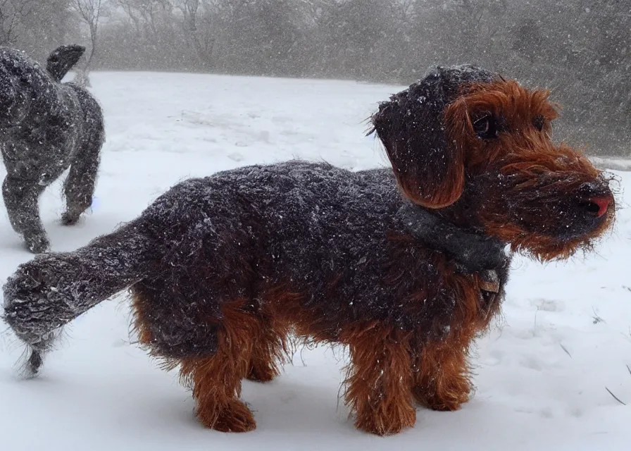 Image similar to Giant prehistoric woolly dachshund, in the middle of a snow storm