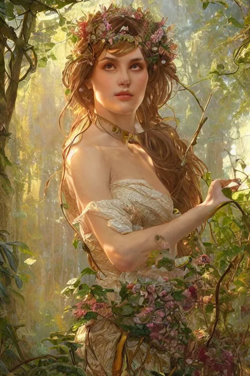 Prompt: beautiful cottagecore aphrodite goddess!!, intricate, magical forest, stunning, highly detailed, digital painting, artstation, concept art, smooth, sharp, focus, illustration, art by artgerm and greg rutkowski and alphonse mucha