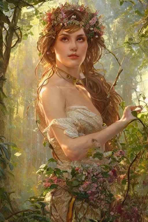 Image similar to beautiful cottagecore aphrodite goddess!!, intricate, magical forest, stunning, highly detailed, digital painting, artstation, concept art, smooth, sharp, focus, illustration, art by artgerm and greg rutkowski and alphonse mucha