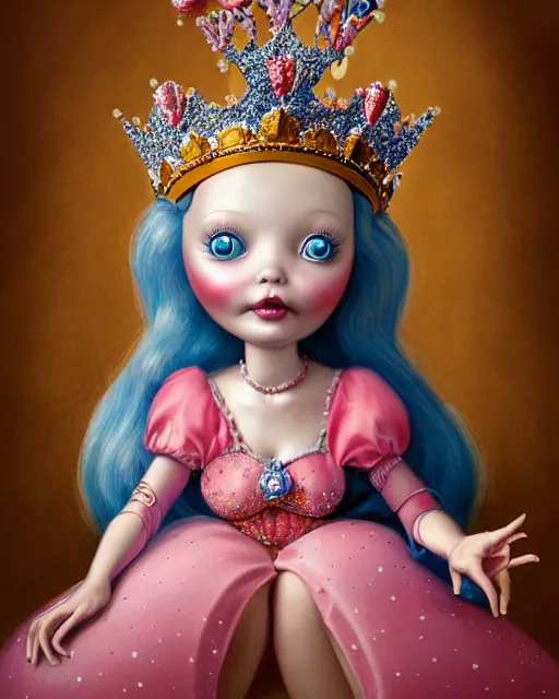 Image similar to closeup profile portrait of a tin toy fairytale princess wearing a crown and sitting on a throne, bikini, hyper realistic, artstation, illustration, concept art by nicoletta ceccoli, mark ryden, lostfish, dan decarlo, bob clampett, max fleischer, digital paint, matte paint, vivid colors, bright, cheerful, detailed and intricate environment