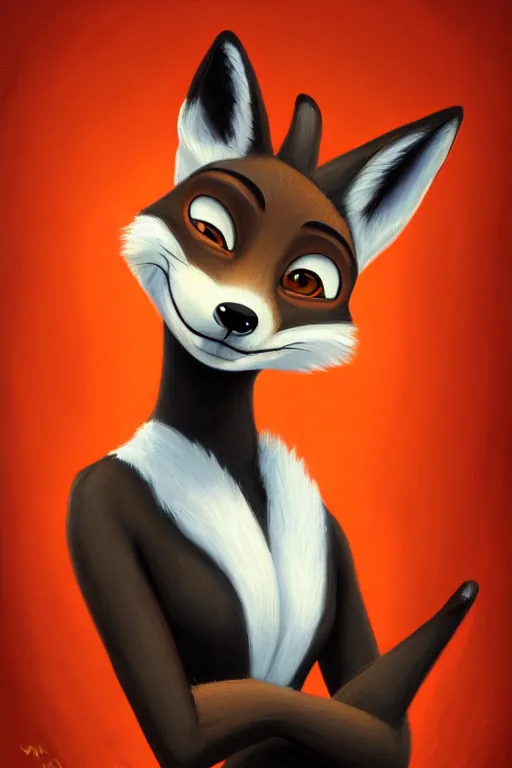 Image similar to oil painting of anthromorphic female fox, in style of zootopia, female fursona, furry, furaffinity, 4 k, deviantart, furry art, fursona art, wearing black business suit, business suit, fox fursona, female, smug expression,