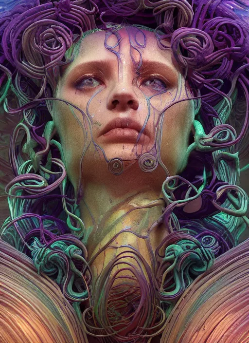 Image similar to medusa made of soft wax, wooden art nouveau swirls, strong subsurface scattering, cables, tubes, subsurface scattering, in the style of ruan jia and beeple and giger, subsurface scattering, mystical colors, back light, rim light, dramatic lighting, 8 k, stunning scene, raytracing, octane render, trending on artstation
