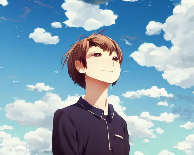 Image similar to teen looking at blue sky, wearing white collared shirt, back turned, looking up, illustration, by pine ( ハイネ ) and 薯 子 imoko and 香 川 悠 作 and wlop and maya takamura, highly detailed, trending artstation, pixiv, digital art