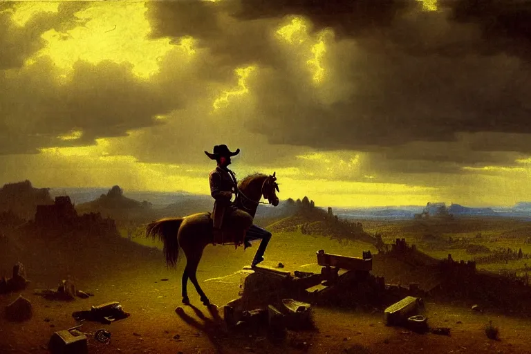 Image similar to an extremely detailed masterpiece photograph of a 1 8 9 0's gunslinger on his horse, gun drawn while overlooking an old town, in the style of albert bierstadt, epic scene, extremely moody lighting, cinematic, 8 k