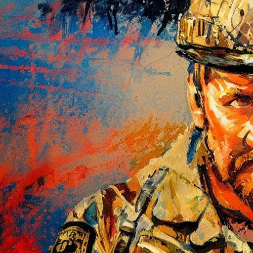Prompt: chris kyle by leroy neiman, intricate, ultra detailed painting, atmospheric lighting, golden hour