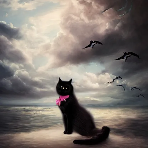 Image similar to style of Guo Hua ,young vampire and her black cat , full body , realistic, detailed, white, light pink tonalities, beautiful collage technique including clouds, sea, wind, ornate sea background, beautiful Fantasy detailed trending on artstation, oil painting,Dramatic lighting, eterea , high quality print, fine art with subtle redshift rendering