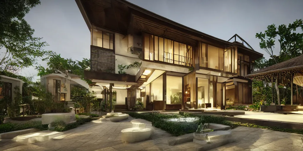 Prompt: 3d rendering of beautiful nature meets architecture concept of a residential house. balinese architecture, volumetric lighting, luxury, high detail, 14mm, cinematic photography, cg architects, high resolution