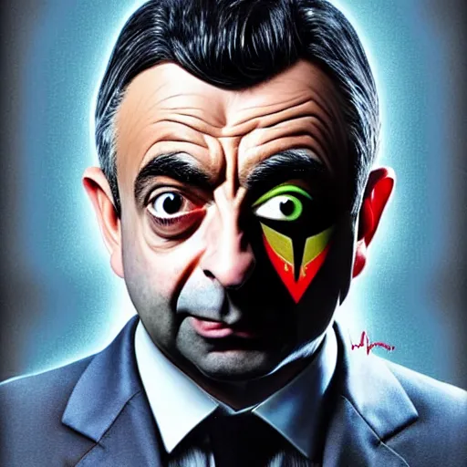 Image similar to hyperrealistic mixed media high resolution painting of (Rowan Atkinson) disguised as !!Batman!!, stunning 3d render inspired art by Jamie Salmon and István Sándorfi and Greg Rutkowski, perfect facial symmetry, dim volumetric lighting, 8k octane beautifully detailed render, full body shot, post-processing, extremely hyper-detailed, intricate, epic composition, highly detailed attributes, highly detailed atmosphere, cinematic lighting, masterpiece, trending on artstation, very very detailed, masterpiece, stunning, flawless completion, lifelike texture, perfection,