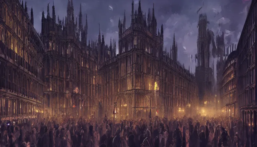 Image similar to neo - gothic london's with crowded place, night, hyperdetailed, artstation, cgsociety, 8 k