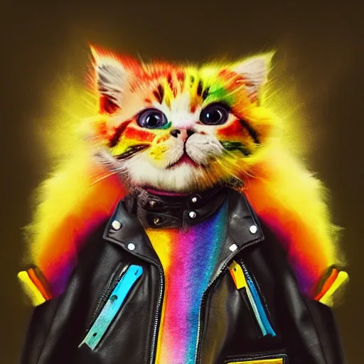 Image similar to wide angle full body, jacket wearing fluffy cute rainbow kitten wearing a black leather motorcycle jacket, cinematic concept art