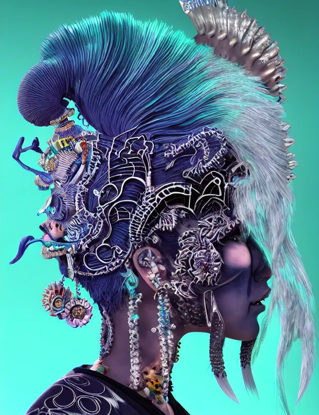 Image similar to 3 d goddess close - up profile portrait punk with mohawk with ram skull. beautiful intricately detailed japanese crow kitsune mask and clasical japanese kimono. betta fish, jellyfish phoenix, bio luminescent, plasma, ice, water, wind, creature, artwork by tooth wu and wlop and beeple and greg rutkowski