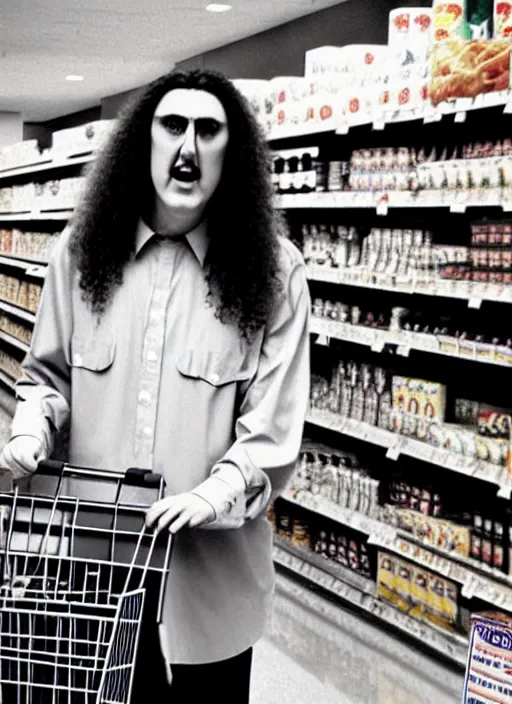 Image similar to weird al yankovic in a grocery store circa 1 9 9 7, ultra realistic