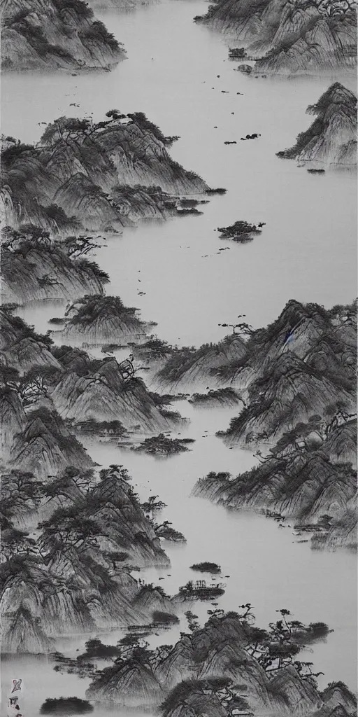 Image similar to Environmental shot, Beautiful!!!!! chinese ink-wash painting of a river!!!, beautiful brush strokes, red ink, birds flying , shui mo hua by Wang Mingming !!!, highly intricate