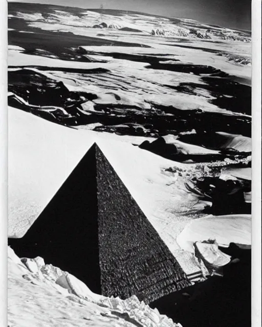 Prompt: “A black and white vintage photograph of Shackleton discovering the Black Pyramid of Antarctica”