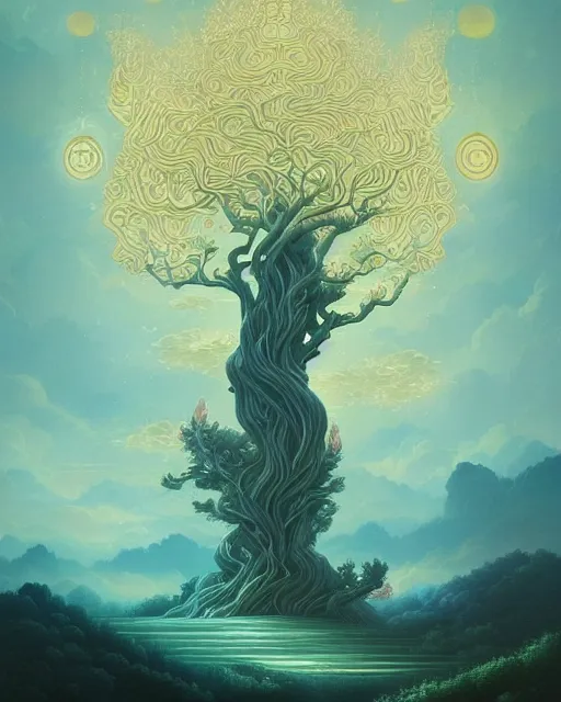 Prompt: astral tree wallpaper, chinoiserie pattern, peter mohrbacher, alena aenami