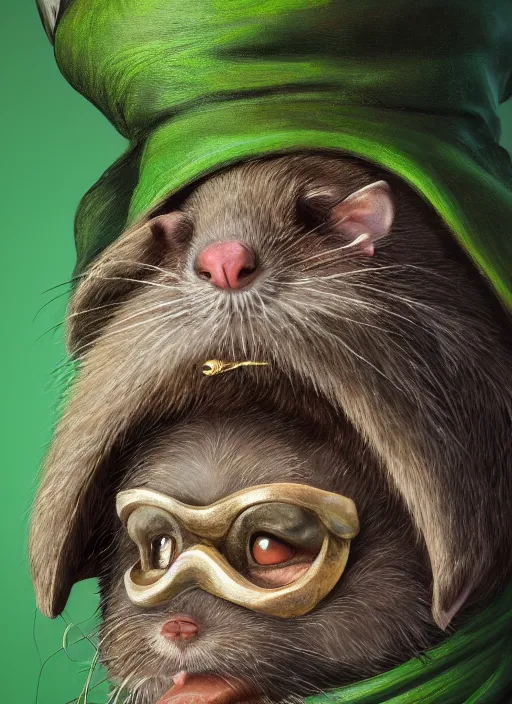 Prompt: oilpainting of an anthropomorphic rat with beard and human eyes, wearing jewelry, tricorne hat, green robe, d & d, digital art, detailed face, highly detailed, trending on artstation, 4 k, sea in the background