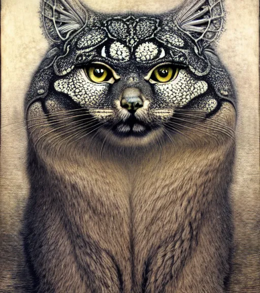 Image similar to detailed realistic beautiful manul portrait by jean delville, gustave dore, iris van herpen and marco mazzoni, art forms of nature by ernst haeckel, art nouveau, symbolist, visionary, gothic, neo - gothic, pre - raphaelite, fractal lace, intricate alien botanicals, ai biodiversity, surreality, hyperdetailed ultrasharp octane render