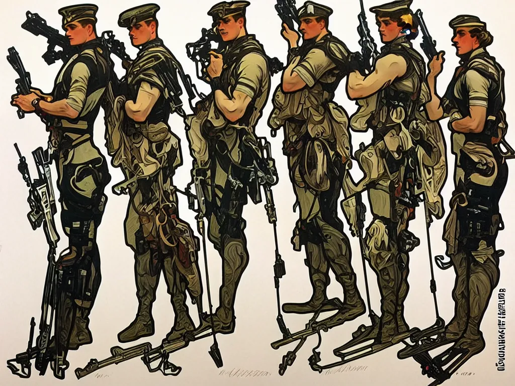 Prompt: 4 elegant full length special forces soldiers with orca prints designed by alphonso mucha