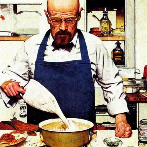 Prompt: Walter white cooking, Norman Rockwell
