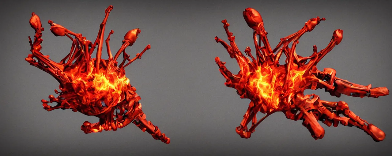 Image similar to atomic, flaming heart held by skeletal metal hands, anatomical, expressive, 3 d rendering, speedpainting