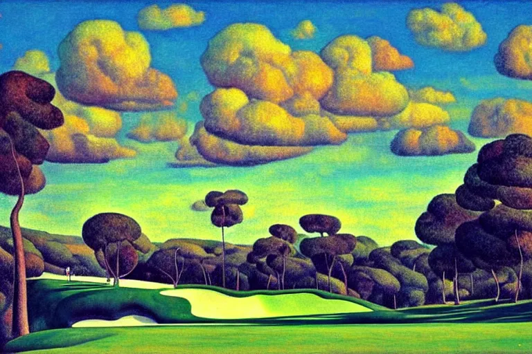 Prompt: Three golfers on a beautiful golf course, wonderous could formations in sky, by Diego Rivera