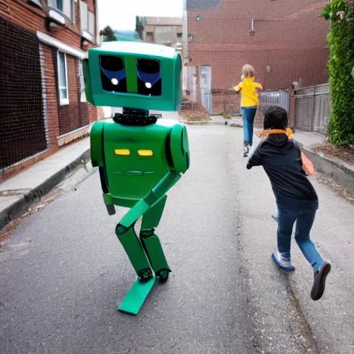 Prompt: in the style of 1960s, A scary robot is chasing after a couple of kids down the ally