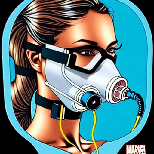 Image similar to portrait of a female diver with a oxygen mask intricate detailed mask with front profile by MARVEL comics and Sandra Chevrier