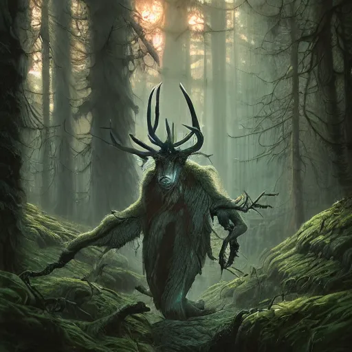 Image similar to highly detailed creepy forest creature with antlers, stephen bliss, unreal engine, fantasy art by greg rutkowski, loish, rhads, ferdinand knab, makoto shinkai and lois van baarle, ilya kuvshinov, rossdraws, tom bagshaw, global illumination, radiant light, detailed and intricate environment