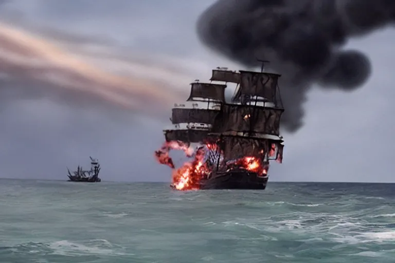 Image similar to vfx movie closeup portrait pirate crew running down beach as pirate ship fires canons, 8 5 mm sand explosion by emmanuel lubezki