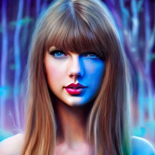 Prompt: taylor swift, long hair with bangs, Crystal blue eyes, full-shot, beautiful colorful forest backround, oil colors, elegant, sharp focus, beautiful face, Hyper-realistic, Highly Detailed, HD, Dramatic Lighting by Brom, by beeple, studio ghibli, wallpaper, highly detailed, trending on artstation