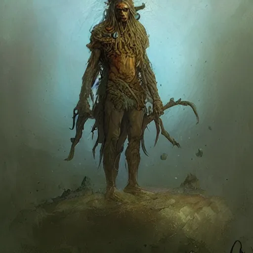Image similar to frontal portrait painting in the style of artstation of a druid standing alone at the beginning of time by greg rutkowski and alan lee and brian froud