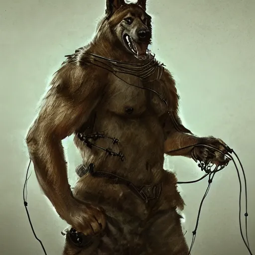 Image similar to a wounded humanoid german shepherd beast - man in military style, his hands are covered with wires, sitting on the bed, highly detailed portrait, digital painting, artstation, concept art, smooth, sharp foccus ilustration, artstation