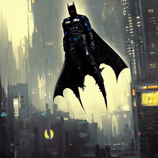 Image similar to cyberpunk batman, futuristic, brush strokes, oil painting, city background, greg rutkowski