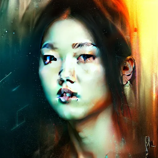 Image similar to roseanne park of blackpink, hyperrealistic portrait, bladerunner street, by karol bak and agnes cecile, fantasy art, photo realistic, dynamic lighting, artstation, poster, volumetric lighting, very detailed face, intricate complexity, rule of thirds, 8 k, award winning