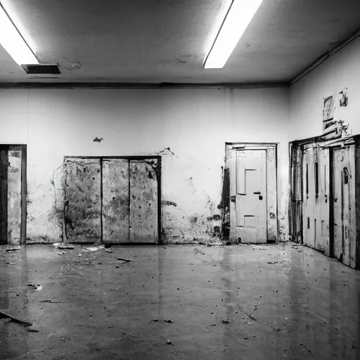 Image similar to the backrooms, the eerie forlorn atmosphere of a place that's usually bustling with people but is now abandoned and quiet, walls with a monochromatic tone of yellow, buzzing fluorescent lights, unsettling images