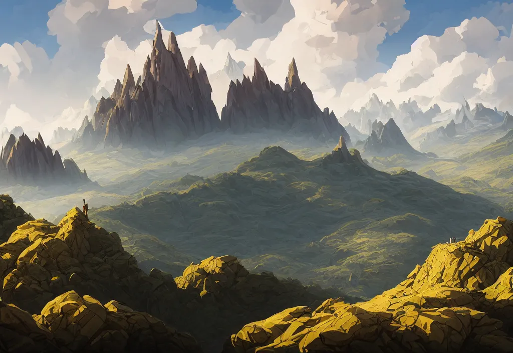 Image similar to mountain landscape without people, high trees, top of the hill, above low layered clouds, deep focus, fantasy, intricate, elegant, highly detailed, digital painting, artstation, concept art, matte, sharp focus, illustration, hearthstone, art by rhads and artgerm and greg rutkowski and alphonse mucha. gediminas pranckevicius