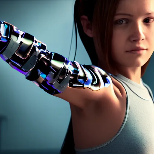 Image similar to a girl with cybernetic arm, closup, hyper realistic, ultra details, 4k, real photo,