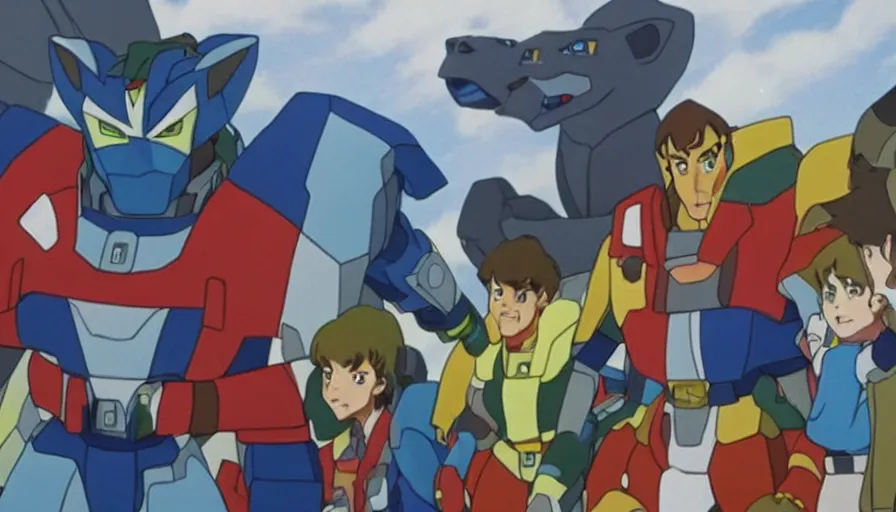 Prompt: full - color cinematic movie still from a live - action voltron action film directed by michael bay. the scene features the robotic lions from voltron fighting against ugly kaiju monster robeasts on the planet arus. realistic movie of golion. highly - detailed ; photorealistic ; epic.