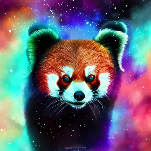 Image similar to geometric red panda with galaxy eyes in space, nebula in the background, intricate, elegant, highly detailed, digital painting, artstation, concept art, smooth, sharp focus, illustration, art by artgerm